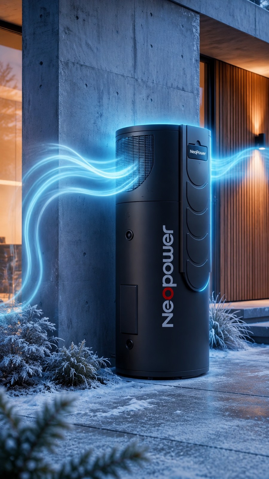 NeoPower Black Shield drawing warmth from the air — blue airflow streams entering the heat pump in a cool outdoor setting