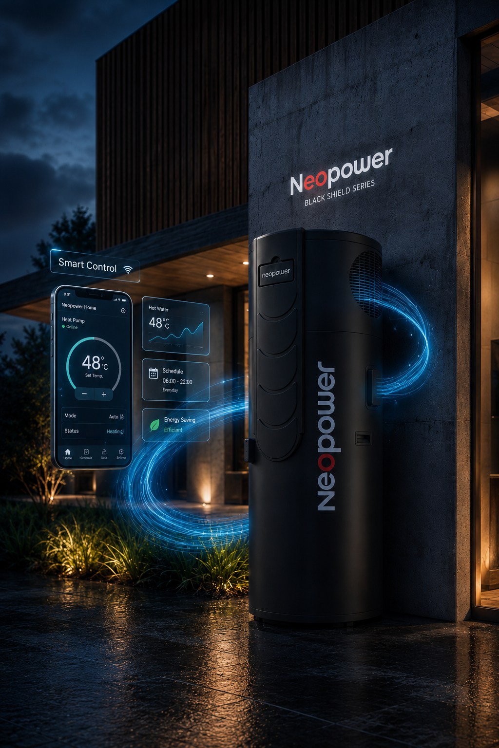 NeoPower Black Shield with Smart Control smartphone app showing 48 °C set temperature, schedule and energy saving status