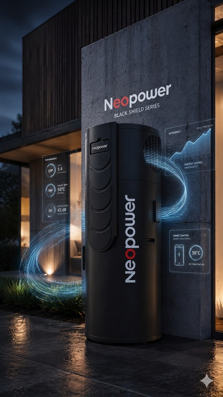 NeoPower Black Shield with performance overlays — COP 5.4, water temp 55 °C, 42 dB sound, efficiency graph and smart control panel