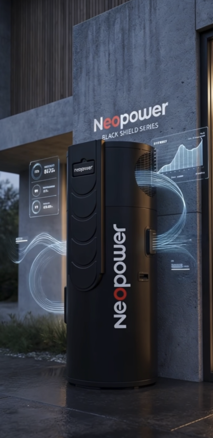 NeoPower Black Shield in a modern home setting at dusk