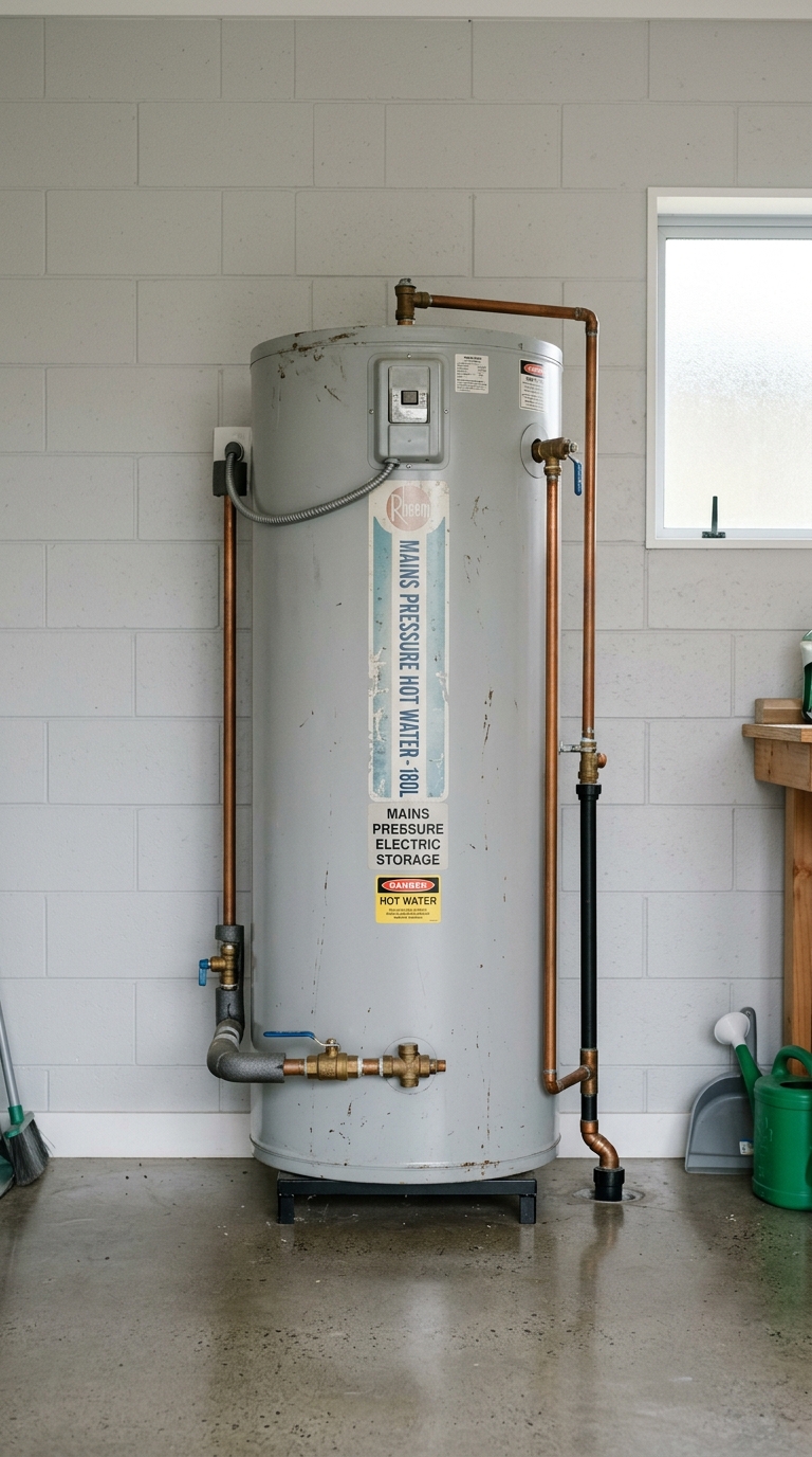 Domestic electric storage hot water cylinder in a residential garage