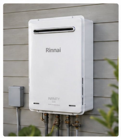 Wall-mounted continuous gas hot water unit on a domestic weatherboard wall