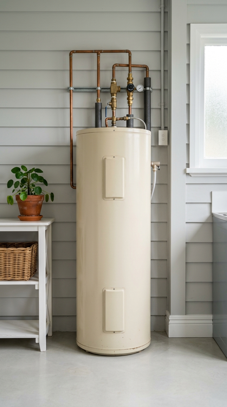 Floor-standing gas storage hot water cylinder in a clean home utility corner